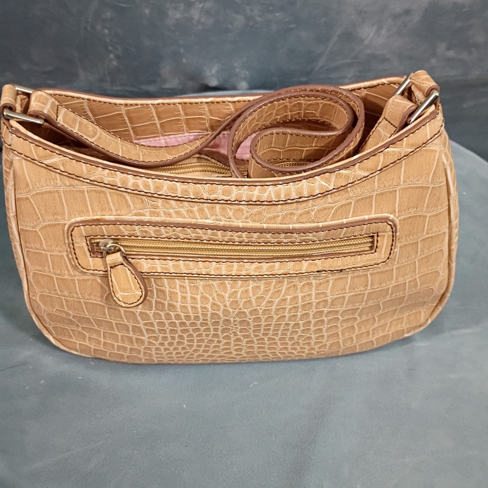 Liz Claiborne Tan Croc Embossed Shoulder Bag Baguette Pnk Polka Dot Lining Purse